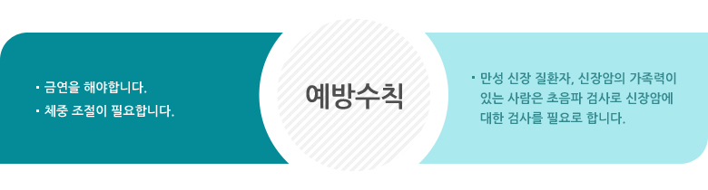 금연과 체중 조절이 필요합니다. / 만성 신장 질환자, 신장암의 가족력이 있는 사람은 초음파 검사로 신장암에 대한 검사를 필요로 합니다.